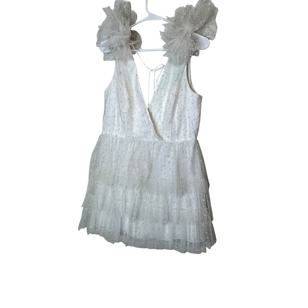 ML Monique Lhuillier Dress‎ Womens 10 White Tulle Polka Dot Ruffle Mini Party